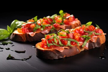 bruschetta on black slate with raw pepper halves and fresh basil near