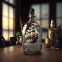 sailing ship inside a horizontally positioned bottle resting on a table with a hyperrealistic ultrarealistic rough sea f35mm 8k HD cinematography photorealistic epic composition Cinematic Colour 