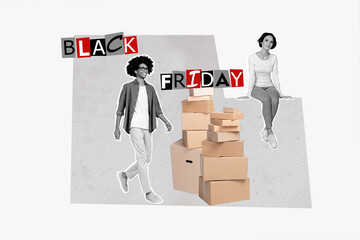 Banner advert collage of amazed two friends fashion designers shopaholic many cardboards delivery...
