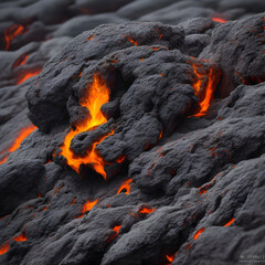 Orange Yellow vibrant Molten Lava flowing onto grey lavafield and glossy rocky land, Volcano