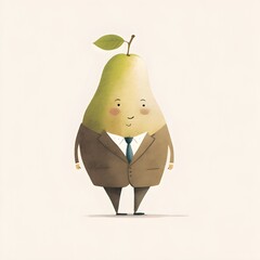 simple childrens picture book illustration a pear in a suit pear instead of head smiling empty white background 