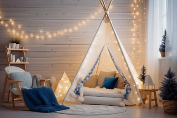 Modern cozy childrens room with wigwam blue, beige colors and wooden texture. 