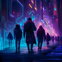 cyber art style people in the distance octane render detailed patterned background neon lights 