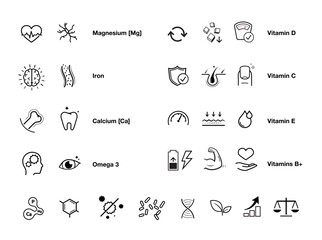 Vitality icon set for human-improving products. The outline icons are well scalable and editable. Ready for your design. EPS10.