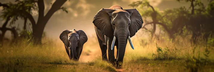 Poster Mother elephant with calf in golden Savannah © Robert Kneschke