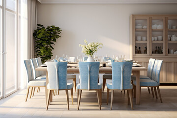 Fototapeta na wymiar Modern cozy kitchen interior design with blue, beige colors and wooden texture