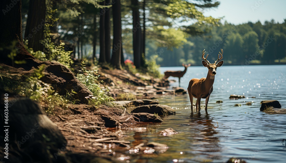 Wall mural deers in the forest. deer in a green forest with a lake. deer in a lake. spring time forest with wil