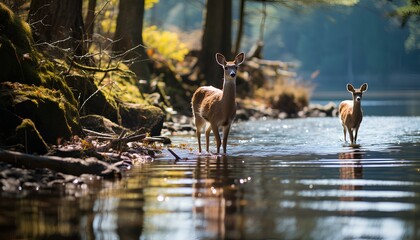 Deers in the forest. Deer in a green forest with a lake. Deer in a lake. Spring time forest with wildlife in it. Deers. Wildlife in the woods - obrazy, fototapety, plakaty
