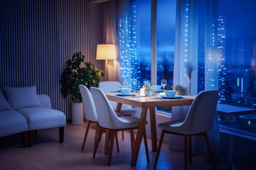 Modern cozy kitchen interior design with blue, beige colors and wooden texture