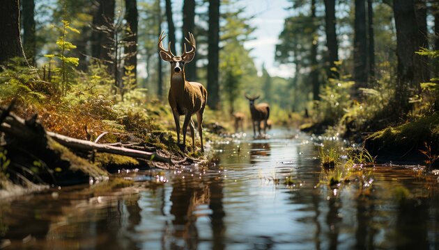 Fototapeta Deers in the forest. Deer in a green forest with a lake. Deer in a lake. Spring time forest with wildlife in it. Deers. Wildlife in the woods