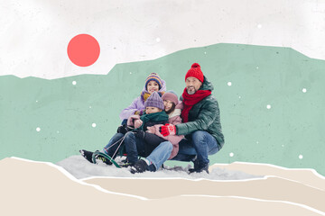 Collage 3d image of pinup pop retro sketch of funny family spend time together have fun new year...