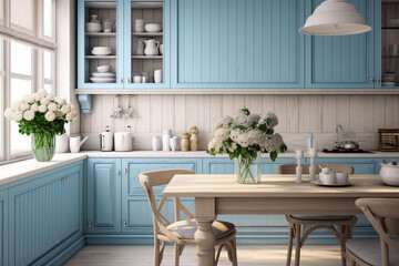 Modern cozy kitchen interior design with blue, beige colors and wooden texture