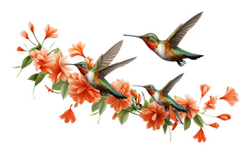 Ballet of Hummingbirds Sipping Floral Nectar on isolated background