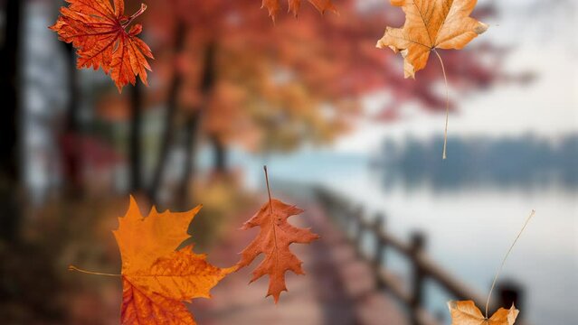 falling autumn leaves on autumn blurred background