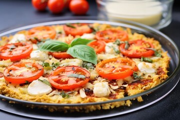 cauliflower pizza displayed in a glass tray