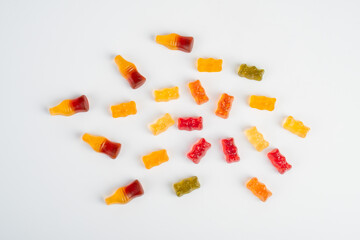 jelly bears candy and Cola flavored gummy jellies isolated on a white background. 