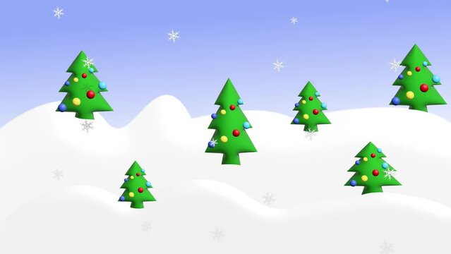 2D Motion graphics Merry Christmas. Winter, snowy, Christmas landscape with christmas trees, background, seamless 4k video, cartoon animation. Loop footage 4k
