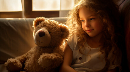 Child With a teddy bear in the room. Generative AI.