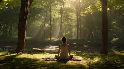 A yoga practicioner in a serene forest ultra realistic illustration - Generative AI.