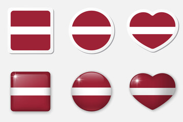 Flag of Latvia icons collection. Flat stickers and 3d realistic glass vector elements on white background with shadow underneath.