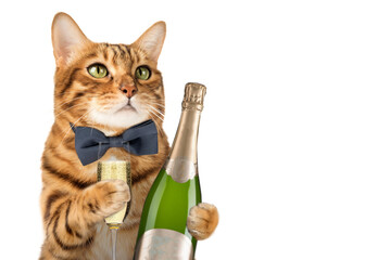 A cat in a bow tie holds a glass of champagne on a transparent background.
