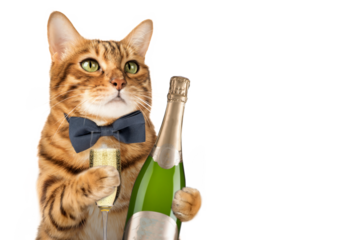 A cat in a bow tie holds a glass of champagne on a transparent background.