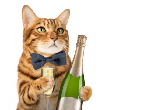 A cat in a bow tie holds a glass of champagne on a transparent background. - Powered by Adobe