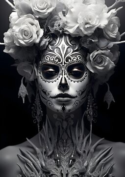 girl with skull makeup for the Day of the Dead in Mexico and Latin America. Black and white photography, portrait, Halloween