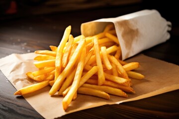 french fries spilling out of a white paper bag