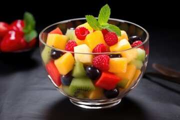 fruit salad with mint leaves in a clear glass bowl