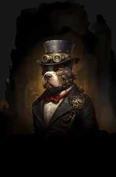 Steampunk bulldog wearing hat cylinder. Dog in the vintage frame. Steampunk images. Fantasy illustration. 