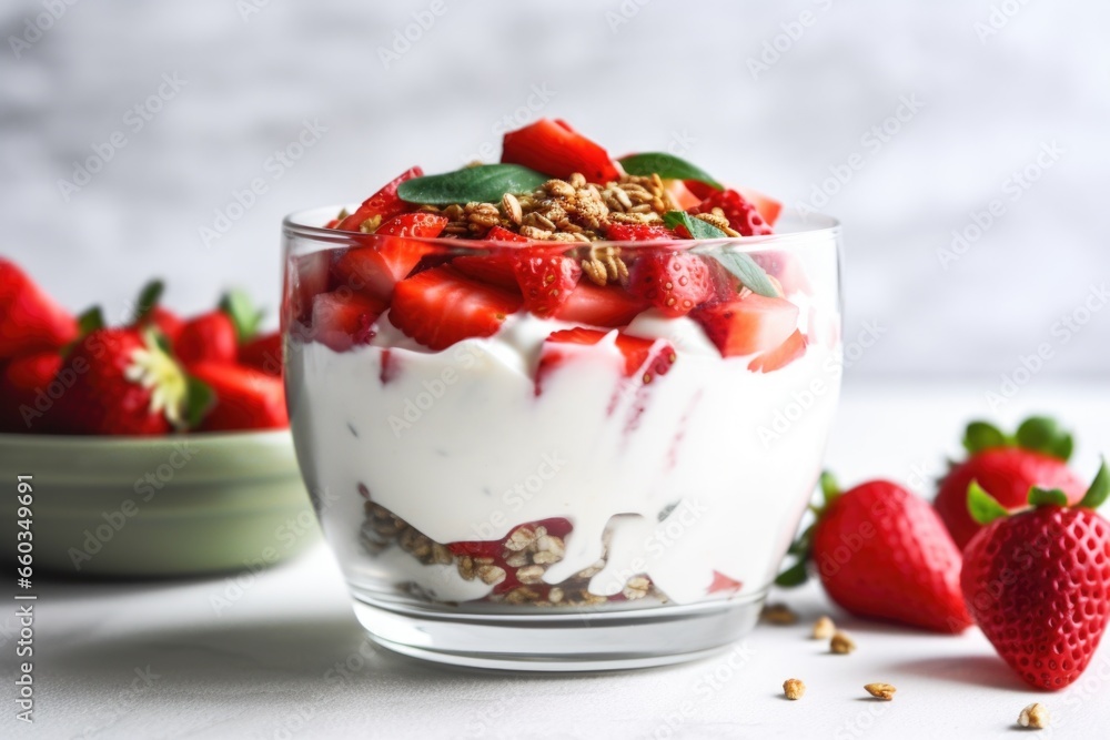 Poster basil and strawberry greek yogurt parfait in a bowl