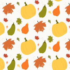 Autumn pattern with pumpkins and leaves in watercolor style.