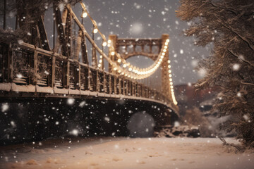 Snowy bridge spanning a frozen river, with bokeh lights in the foreground, a magical and wintry Christmas Background. Generative AI