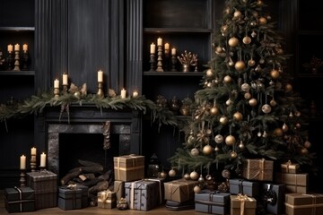 Christmas and New Year holidays background. Christmas tree with presents, bokeh.