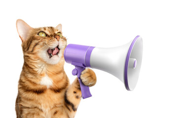Funny domestic cat with a megaphone on a transparent background.