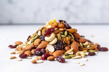 a heap of trail mix on a marble countertop - obrazy, fototapety, plakaty