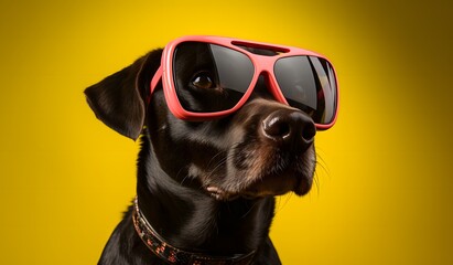 Dog wearing sunglasses and background on yellow, pop culture, hyperrealist precision, yellow and pink, emotive faces, 1970–present