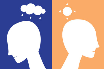 Mental health concept. depreesed and happy head illustration for therapist, psychology