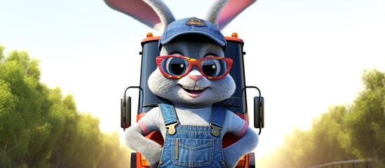 Cartoon bunny wearing denim overalls and big rig peterbuilt bus driver hat in background, rubber...