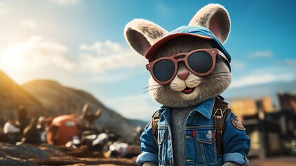 Cartoon bunny wearing denim overalls and big rig peterbuilt bus driver hat in background, rubber...