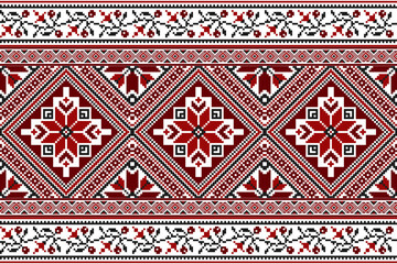 flower embroidery on white background. ikat and cross stitch geometric seamless pattern ethnic oriental traditional. Aztec style illustration design for carpet, wallpaper, clothing, wrapping, batik.