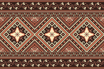 flower embroidery on brown background. ikat and cross stitch geometric seamless pattern ethnic oriental traditional. Aztec style illustration design for carpet, wallpaper, clothing, wrapping, batik.