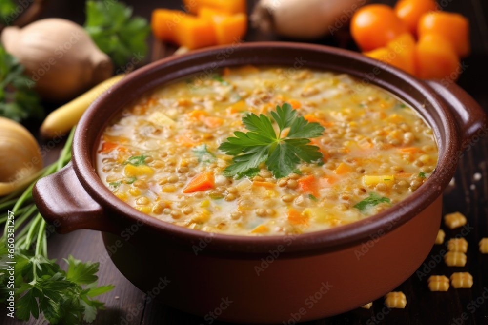 Poster a bowl of lentil soup rich in vegetables, detailed view