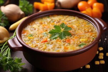 a bowl of lentil soup rich in vegetables, detailed view