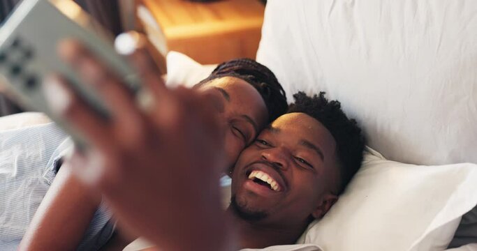 Bed, selfie and black couple with love, morning and smile with social media, connection and home. Bedroom, African man and woman with smartphone, post and profile picture with internet or connection