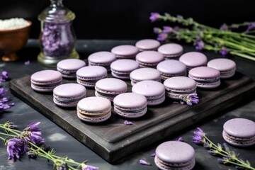 Obraz na płótnie Canvas rows of lavender macarons on a slate tray