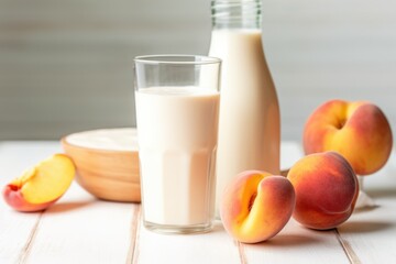 peach milkshake next to a bowl of fresh peaches
