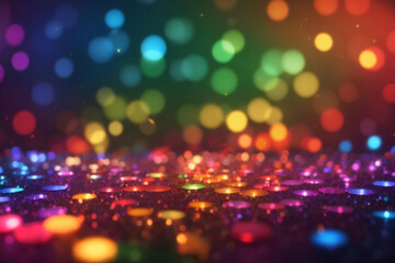 Abstract background with bokeh defocused lights and stars in rainbow colors. Nightlife and disco party banner. - obrazy, fototapety, plakaty