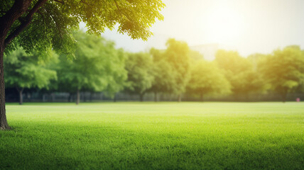 Naklejka na ściany i meble Green lawn and trees background with copyspace. Nature background concept. Generative AI